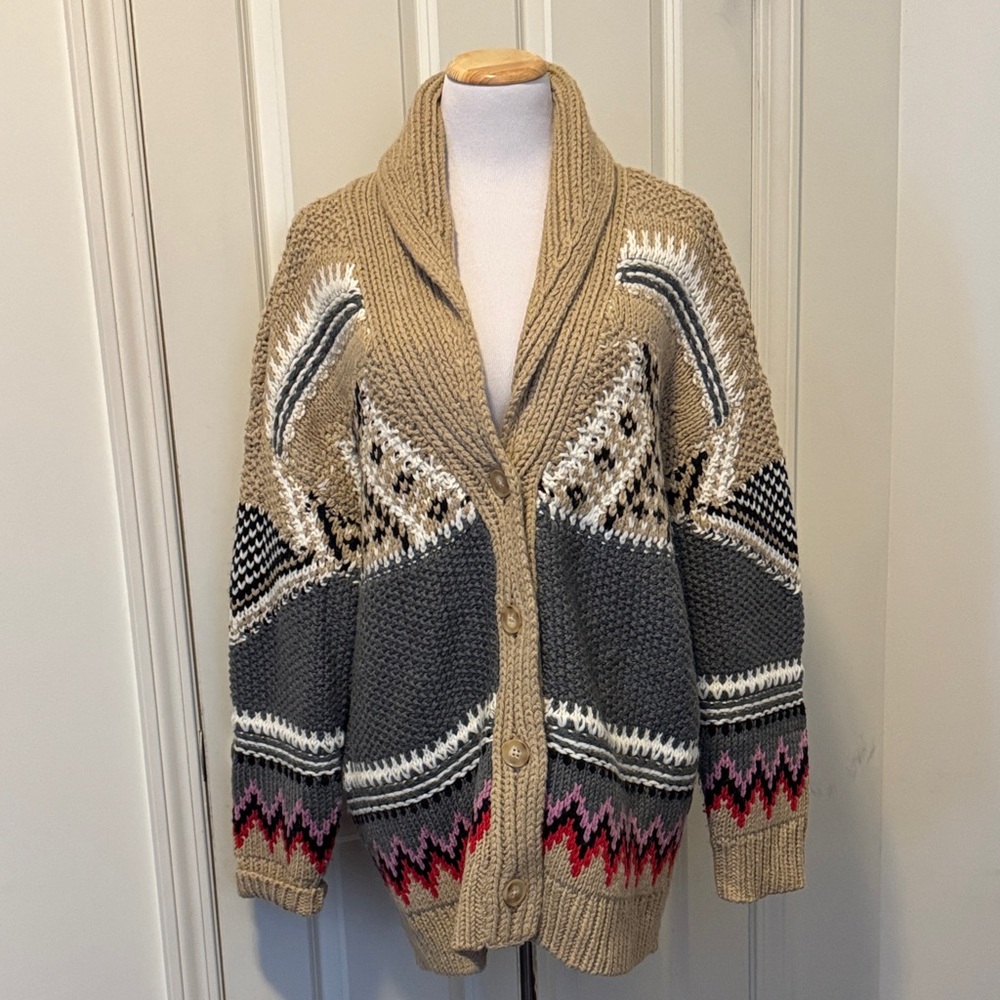 Lucky Brand Tan and Gray Patterned Cardigan, Sz L, Like New - Picture 4 of 13